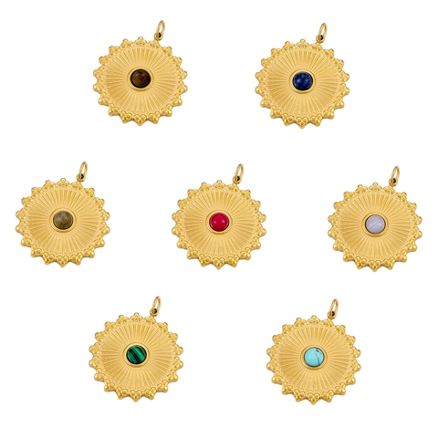 Pendentif Rond Rayon De Soleil Vintage Acier Inoxydable Charme Pierre Naturelle Pour Création De Bijoux DIY Style Français