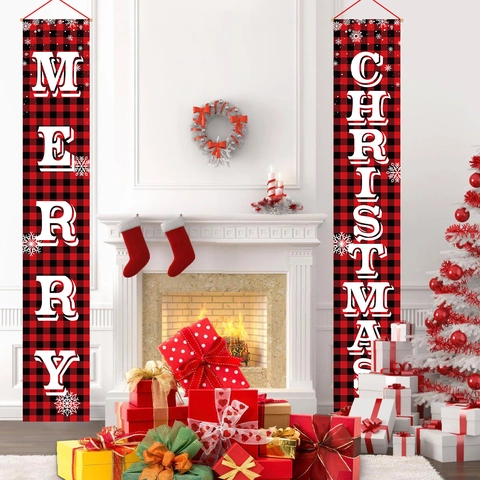 Weihnachts-Veranda-Banner Rot-Schwarz Kariert Polyester Gewebe Hängende Tür-Couplets Für Feiertags-Party Hausdekor