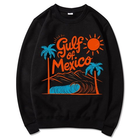 Men Sweatshirt Gulf Of Mexico Beach Print Long Sleeve Crewneck Fleece Lined Loose Casual Retro Pullover Polyester