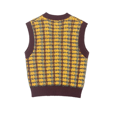 Gilet In Maglia Vintage Da Donna Scollo A V Senza Maniche Poliestere Retrò Motivo A Quadri Top Casual A Costine