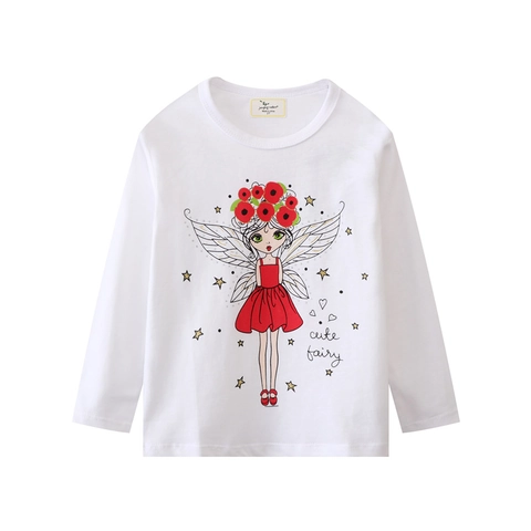 T-Shirt Cotone Maniche Lunghe Bambini Simpatica Fata Cartone Animato Girocollo Traspirante Top Casual Per Bambine