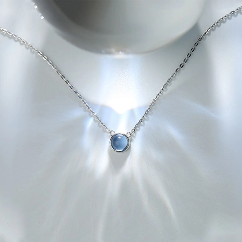 S925 Sterlingsilber Herz Des Ozeans Halskette Für Damen Einfache Blaue Runde Künstliche Glas Anhänger Halskette Mode Schmuck Geschenk