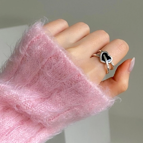 Anello In Argento Sterling 925 Vintage Cuore In Smalto Nero Design Freccia Apertura Regolabile Gioielli Per Donna