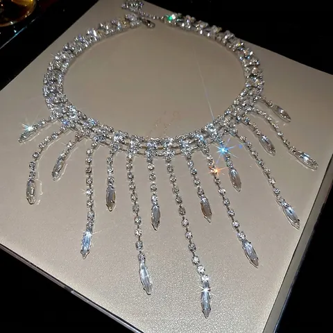 Elegante Collar Con Borlas Gargantilla De Aleación Con Diamantes De Imitación Brillantes Para Fiesta Banquete Boda Joyería De Lujo Para Mujer