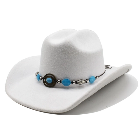 Chapeau De Cow-Boy De L'Ouest À Large Bord Feutre De Laine Bande De Perles Turquoise Style Boho Ethnique Fedora Pour Hommes Femmes