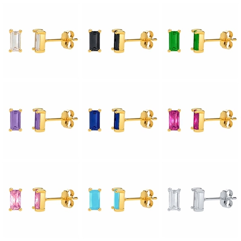 Rectangular Zircon Stud Earrings Simple Baguette Cut Geometric Copper Micro Pave Jewelry With 925 Sterling Silver Earring Post For Women
