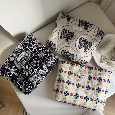 Neceser De Lona Bordada Patrón Floral Mariposa Retro Cartera Con Cremallera Bolsa De Almacenamiento Viaje Para Mujeres