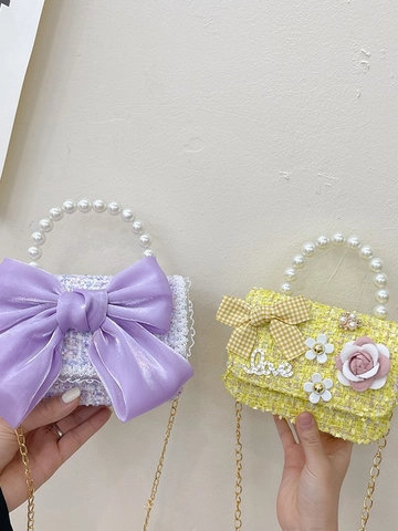 Kids Crossbody Bag Tweed Woven Artificial Pearl Handle Satin Bow Floral Sweet Princess Elegant Handbag Girl Fashion Messenger