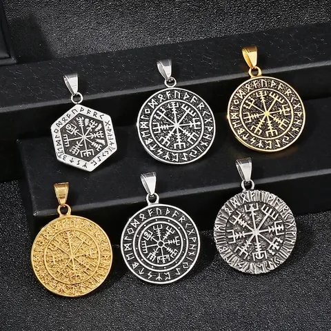 Collier Pendentif Boussole Viking Acier Inoxydable Gravé Vegvisir Rune Double Face Bijoux Rétro Nordiques Pour Hommes