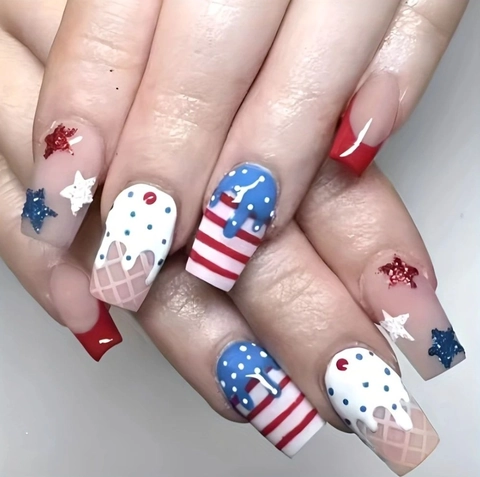 Independence Day Press-on-Nägel Lange Coffin Künstliche Nägel Sterne Streifen Rot Weiß Blau Eiscreme-Muster Juli Dekoration