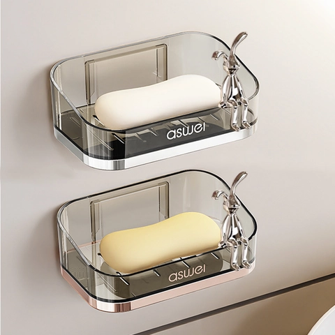 Luxury Wall Mounted Soap Dish PET Drainage Holder Punch Free Bathroom Storage Rack With Electroplated Trim