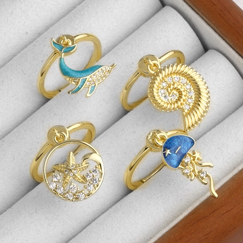 Adjustable Copper Rings Ocean Theme Whale Starfish Jellyfish Charms Gold Plated Zircon Enamel Dangle Jewelry Women