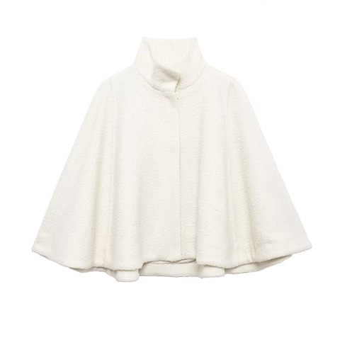 Donna Elegante Mantella Con Collo Alto Cappotto Bouclé Tweed Strutturato Misto Vestibilità Ampia Giacca Poncho Per Autunno Inverno