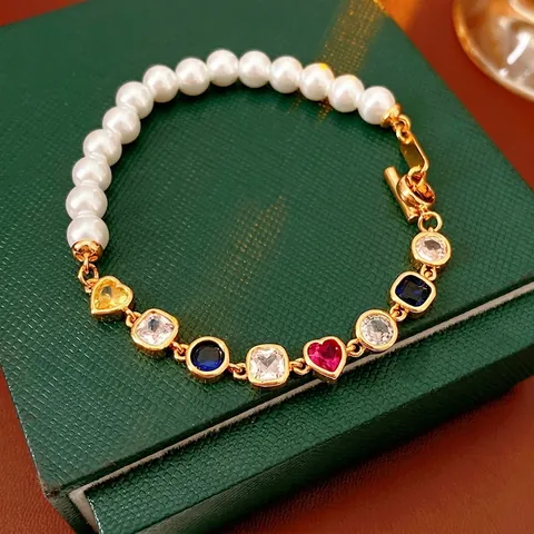 Bracciale Vintage Di Künstliche Perle Con Zirconia Cubica A Cuore Colorato E Chiusura OT In Rame Placcato Oro Gioielli Per Donna