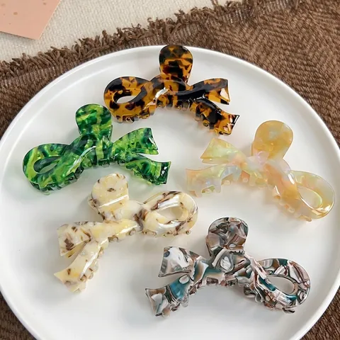 Large Acetate Hair Claw Clips Elegant Bow Knot Marble Tortoiseshell Pattern Nonslip Shark Clip For Women Girls