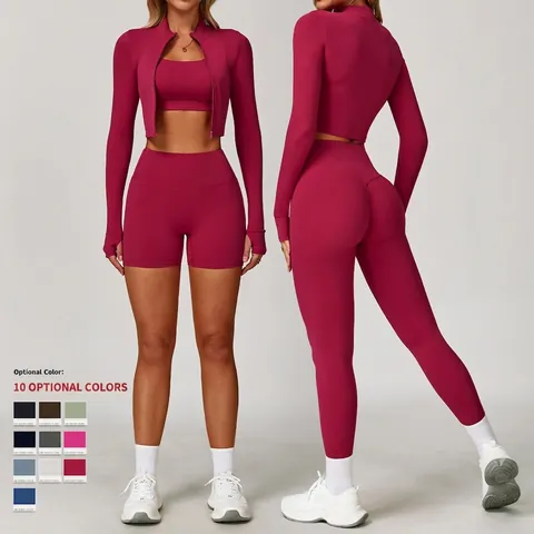 Abbigliamento Yoga In Poliammide Elastan Con Giacca Collo Alto Reggiseno Sportivo E Leggings A Vita Alta Per Donna