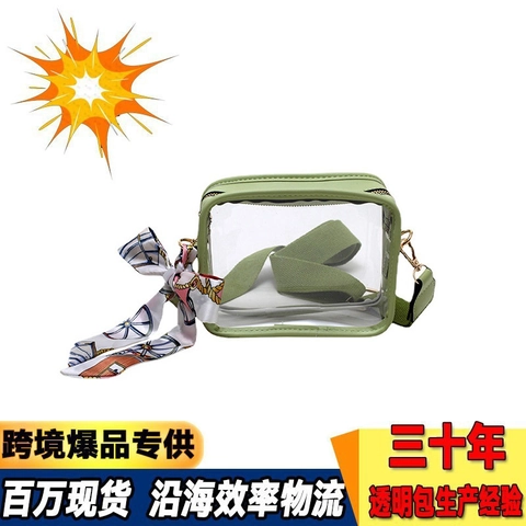 Damen Transparent PVC Umhängetasche Jelly Bag Breiter Stoffriemen Dekorativer Schal Klare Quadratische Schultertasche