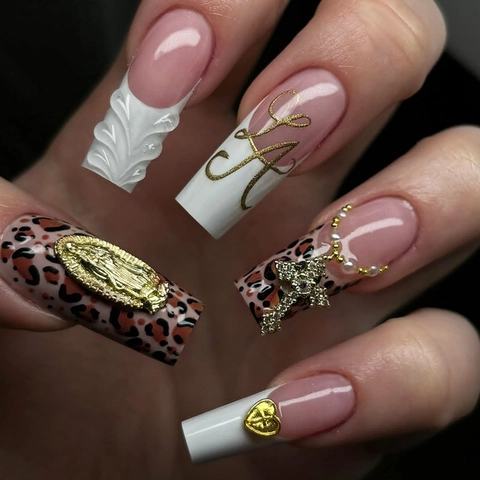 French Leopard Print Press On Nails With 3D Metal Charms Artificial Pearls Rhinestones Long Coffin Luxury Fake Nails For Women