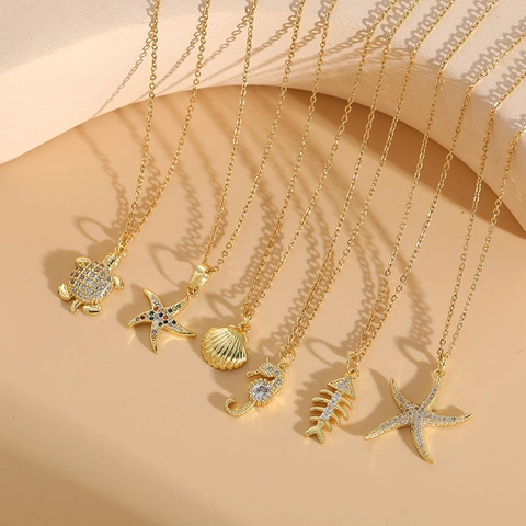 Ocean Theme Pendant Necklace Copper 14K Gold Plated Cubic Zirconia Marine Starfish Turtle Seahorse Jewelry For Women