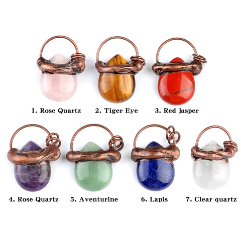 Vintage Teardrop Pendant Necklace Natural Stone Crystal Wire Wrapped Antique Copper Bohemian Nordic Style For Women