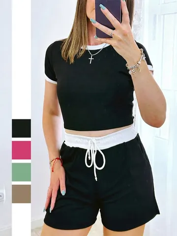 Women Ribbed Knit Short Sleeve Crop Top And Drawstring Shorts Contrast Trim Solid Color Casual Loungewear Viscose