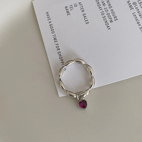 Elegant 925 Sterling Silver Heart Pendant Ring Twisted Band Fuchsia Zircon Adjustable Open Design For Women