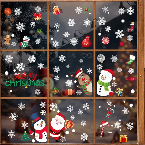 Christmas Window Clings Static PVC Stickers Snowman Reindeer Santa Claus Snowflake Glass Door Holiday Decor Reusable