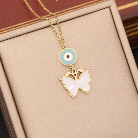 Evil Eye Anhänger Halskette Edelstahl Emaille Schmetterling Herz Blume Schlüsselbein Kette Einzigartiger Schmuck Für Damen
