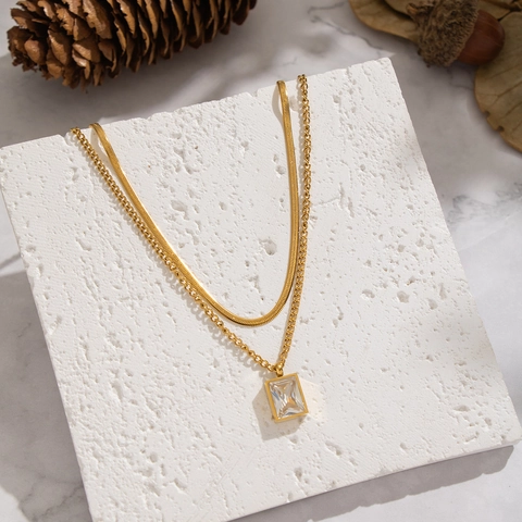 Double Layer Necklace 18K Gold Plated Stainless Steel Square Zircon Pendant Elegant Snake Chain Geometric Jewelry For Women