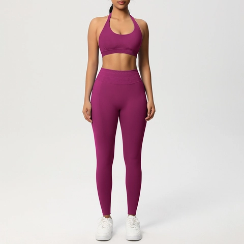 Women Halter Sports Bra And High Waist Leggings Seamless Knit Solid Color Fitness Yoga Gym Workout Outfits