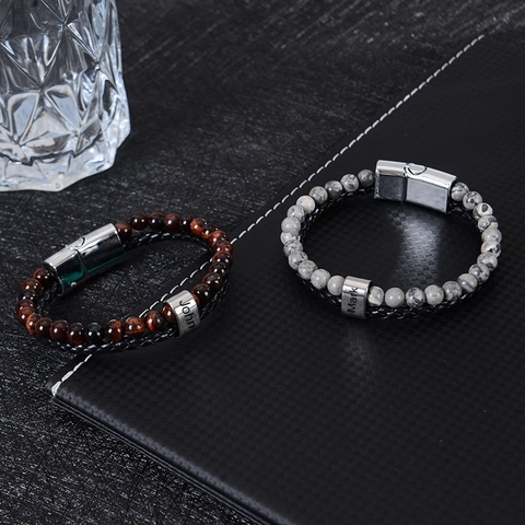 Stainless Steel Natural Stone Bracelet Double Layer Braided Leather Rope With Magnetic Clasp For Men
