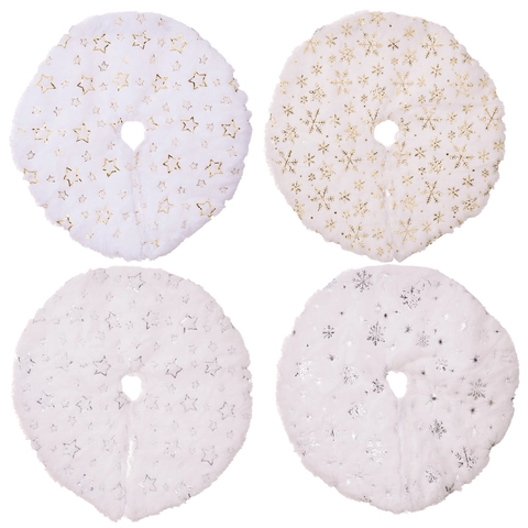 Plush Christmas Tree Skirt Mini Double Layer Faux Fur Small Holiday Decoration With Snowflake Star Pattern White