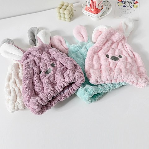 Hair Drying Cap Thick Coral Fleece Quick Dry Absorbent Rabbit Ears Cartoon For Kids Microfiber Waffle Texture