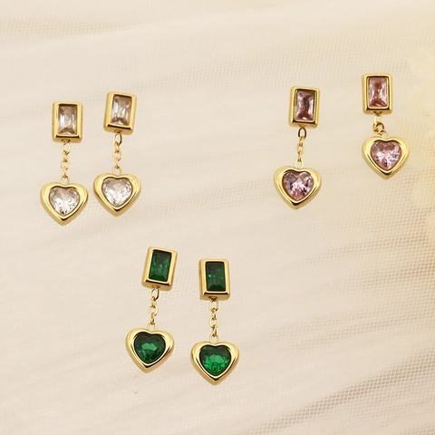 Orecchini Pendenti A Cuore Eleganti In Acciaio Inossidabile Placcato Oro 18K Zirconia Pendente Quadrato Stile Retrò