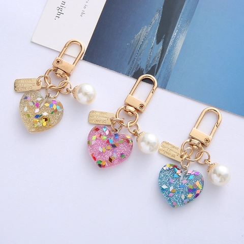 Heart Sequin Resin Keychain With Faux Artificial Pearl And Metal Tag Cute Glitter Bag Charm For Women Girls Colorful Accessories