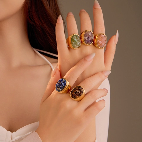Anello in Acciaio Inossidabile Geometrico Retro con Intarsio in Pietra Naturale per Donna Gioielli alla Moda Placcati Oro