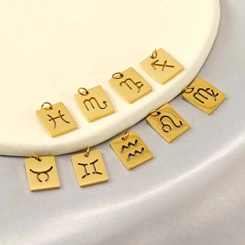 18K Gold Plated Stainless Steel Zodiac Pendant Square Hollow Constellation Symbol DIY Necklace Jewelry Finding For Women