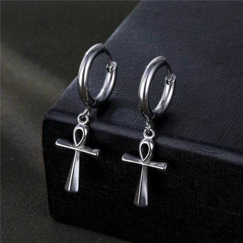 Ankh Kreuz Hoop Dangle Ohrringe 316L Edelstahl Religiöse Lebensschlüssel Gothic Punk Stil Schmuck Für Herren Damen