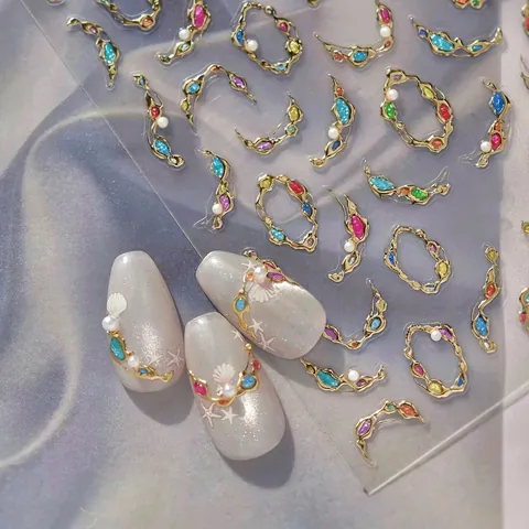 Pegatinas Uñas 3D Barroco Relieve Dorado Brillantes Color Perlas Artificiales Imitación Decoración Manicura DIY Estilo Vintage Elegante