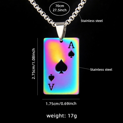 Rainbow Iridescent Poker Ace Of Spades Pendant Necklace Stainless Steel Square Box Chain Fashion Jewelry For Men Women