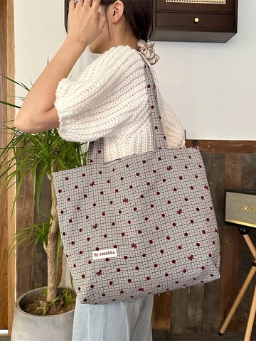 Canvas Tote Bag Dames Grote Capaciteit Polka Dot Boog Plaid Schoudertas Voor Dagelijks Woon-Werkverkeer Casual Stijl