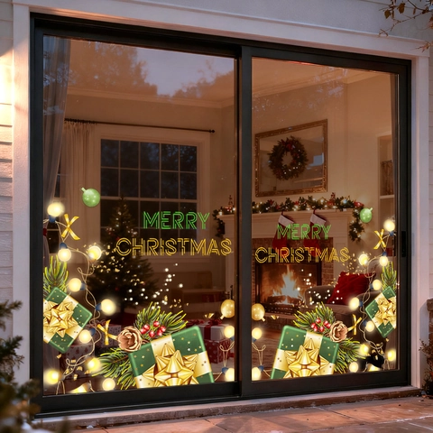 Christmas Window Sticker Static Adsorption PVC Decal Merry Christmas Gift Box Double Sided Glass Door Holiday Decoration