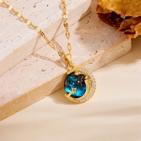 Stainless Steel Galaxy Planet Pendant Necklace For Women Star Moon Saturn Celestial Jewelry With Zircon Cubic Inlaid