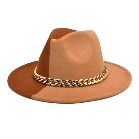 Wool Fedora Hat Split Color Contrast Jazz Cap With Gold Metal Chain Wide Brim Vintage Unisex