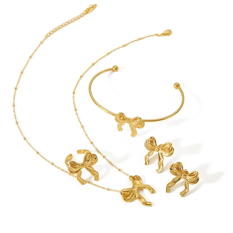 Strikje Sieraden Ketting Oorbellen Ring Armband Roestvrij Staal 18K Verguld Elegant INS Stijl Voor Vrouwen
