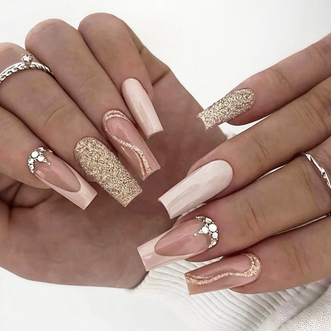 Unghie Finte Lunghe Coffin Press On Rosa Nude Francese Lusso Oro Glitter Strass Unghie Artificiali
