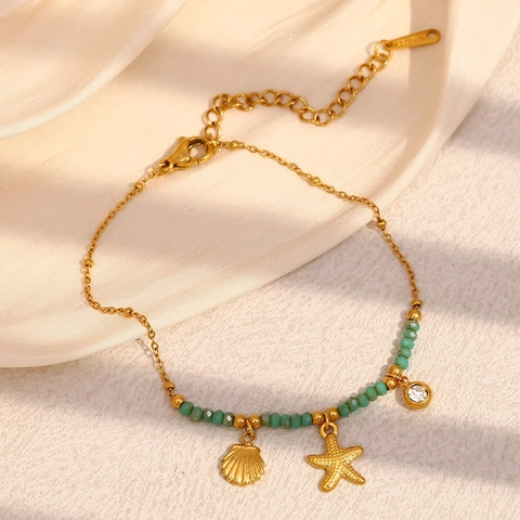 Bracciale Stella Marina Conchiglia Acciaio Inossidabile Placcato Oro 18K Perline Pietra Naturale Verde Stile Estate Donna