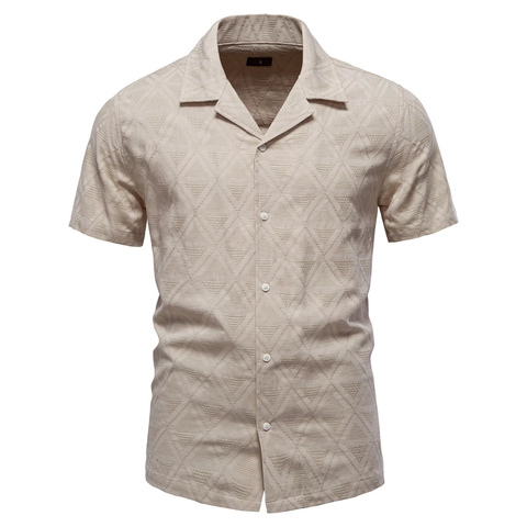 Camicia Uomo Maniche Corte Cotone Rayon Jacquard Motivo Geometrico Triangolo Casual Business Revers Bottoni