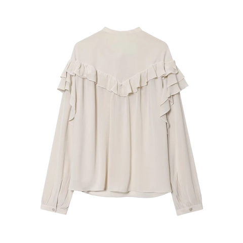 Dames Chiffon Blouse Lange Mouwen Gelaagde Ruches Strik Nek Abrikoos Pullover Top Elegant Zoete Stijl Voor Feest