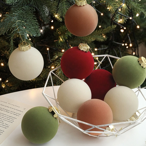 Bolas De Navidad Flocadas Textura Terciopelo Adornos Colgantes Árbol Decoración Festiva Hogar Estilo Vintage